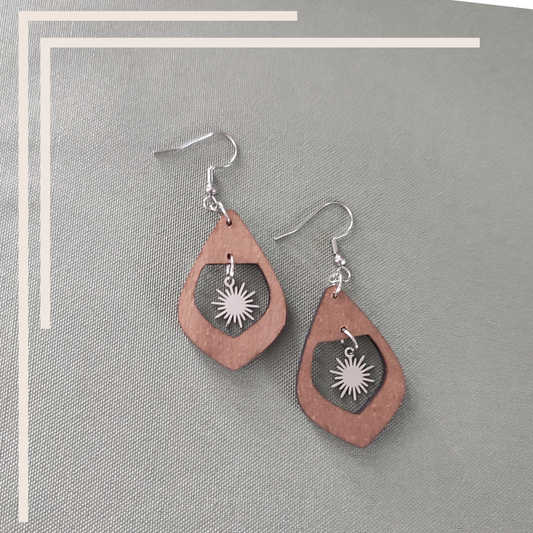 Boucles d’Oreilles "Goutte Solaire" – Bois de Peuplier & Acier Argenté