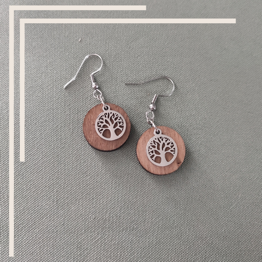 Boucles d'Oreilles "Arbre de Vie argenté" – Duo Bois de Peuplier & Acier Inoxydable